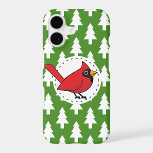 Cartoon Red Cardinal on Green White Pines Pattern