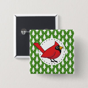 Cartoon Red Cardinal on Green White Pines Pattern 15 Cm Square Badge