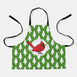 Cartoon Red Cardinal on Green White Pines Pattern Apron