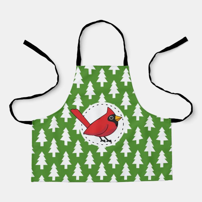 Cartoon Red Cardinal on Green White Pines Pattern Apron (Front)