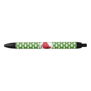 Cartoon Red Cardinal on Green White Pines Pattern Black Ink Pen