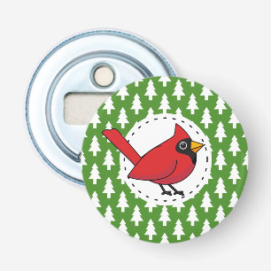 Cartoon Red Cardinal on Green White Pines Pattern Bottle Opener