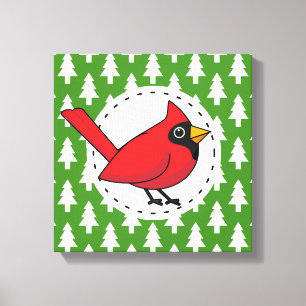 Cartoon Red Cardinal on Green White Pines Pattern Canvas Print