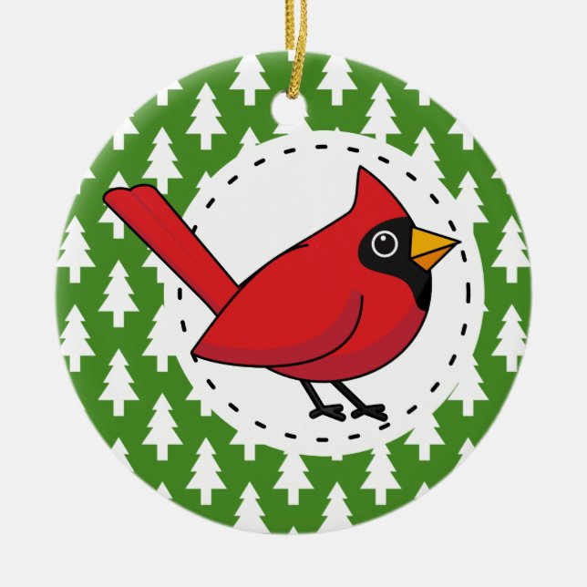 Cartoon Red Cardinal on Green White Pines Pattern Ceramic Tree Decoration (Front)