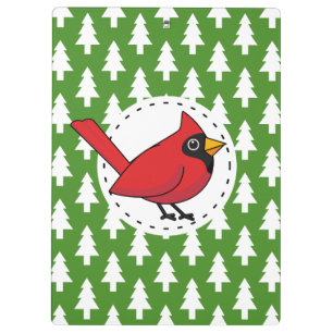 Cartoon Red Cardinal on Green White Pines Pattern Clipboard