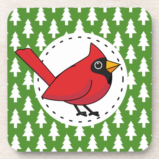 Cartoon Red Cardinal on Green White Pines Pattern Coaster (Front)