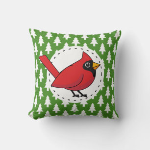 Cartoon Red Cardinal on Green White Pines Pattern Cushion