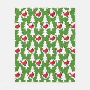 Cartoon Red Cardinal on Green White Pines Pattern Fleece Blanket