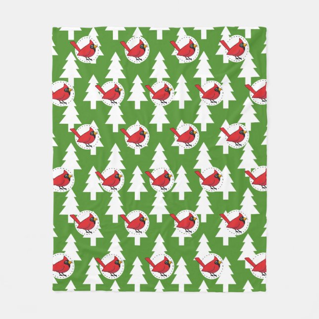 Cartoon Red Cardinal on Green White Pines Pattern Fleece Blanket (Front)
