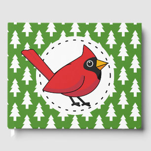 Cartoon Red Cardinal on Green White Pines Pattern Guest Book