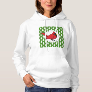 Cartoon Red Cardinal on Green White Pines Pattern Hoodie