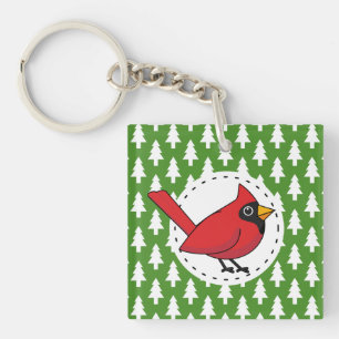 Cartoon Red Cardinal on Green White Pines Pattern Key Ring
