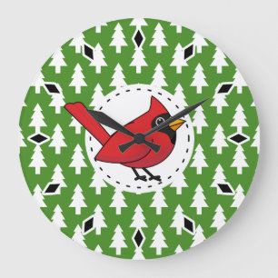 Cartoon Red Cardinal on Green White Pines Pattern Large Clock