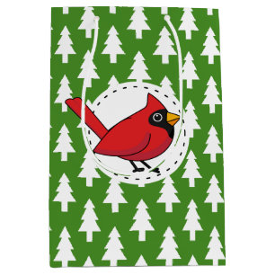 Cartoon Red Cardinal on Green White Pines Pattern Medium Gift Bag
