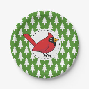 Cartoon Red Cardinal on Green White Pines Pattern Paper Plate