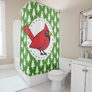 Cartoon Red Cardinal on Green White Pines Pattern Shower Curtain
