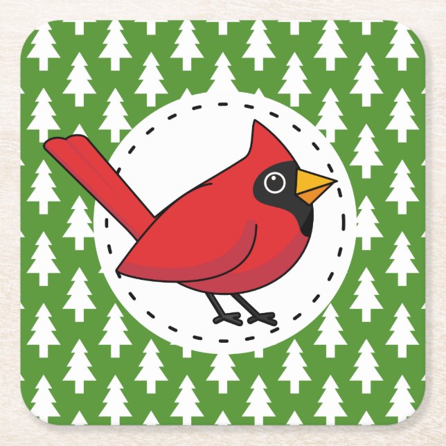Cartoon Red Cardinal on Green White Pines Pattern Square Paper Coaster (Front)