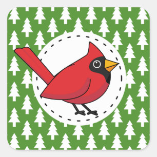 Cartoon Red Cardinal on Green White Pines Pattern Square Sticker