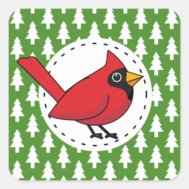 Cartoon Red Cardinal on Green White Pines Pattern Square Sticker (Front)