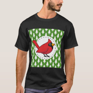 Cartoon Red Cardinal on Green White Pines Pattern T-Shirt