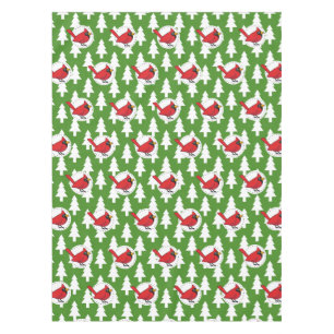 Cartoon Red Cardinal on Green White Pines Pattern Tablecloth