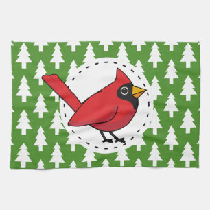 Cartoon Red Cardinal on Green White Pines Pattern Tea Towel
