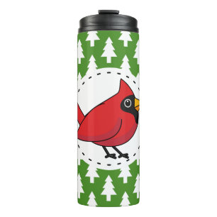 Cartoon Red Cardinal on Green White Pines Pattern Thermal Tumbler