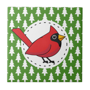 Cartoon Red Cardinal on Green White Pines Pattern Tile
