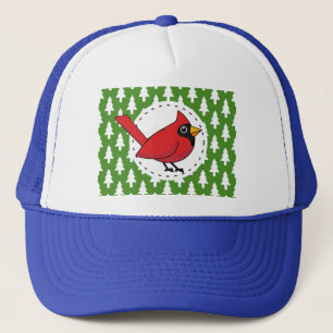 Cartoon Red Cardinal on Green White Pines Pattern Trucker Hat