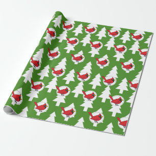 Cartoon Red Cardinal on Green White Pines Pattern Wrapping Paper