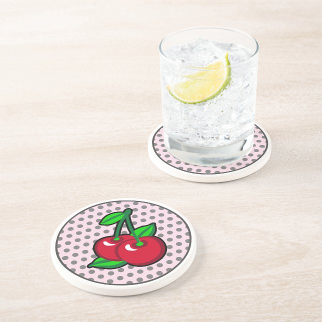 Cartoon Red Green Black Cherries Fruit Vector Art Coaster (Side)
