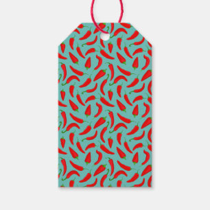 Cartoon Red Pepper Pattern on Teal Blue Gift Tags