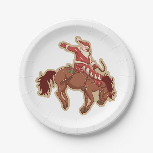 Cartoon red santa claus ryding on horse paper plate (Front)