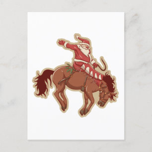 Cartoon red santa claus ryding on horse postcard