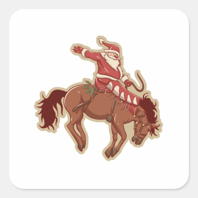 Cartoon red santa claus ryding on horse square sticker (Front)