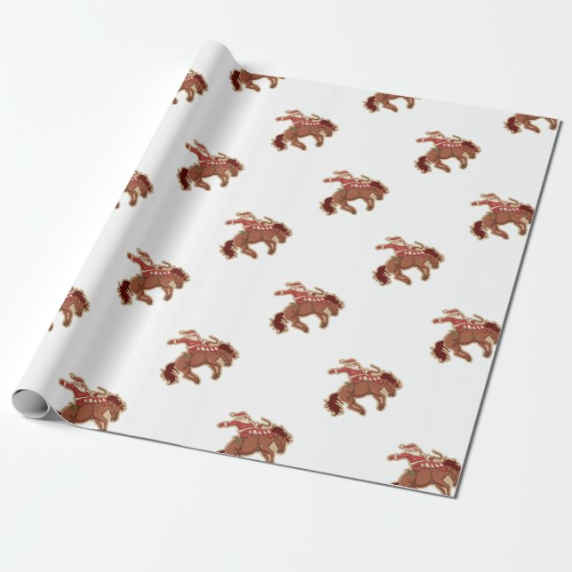 Cartoon red santa claus ryding on horse wrapping paper (Unrolled)