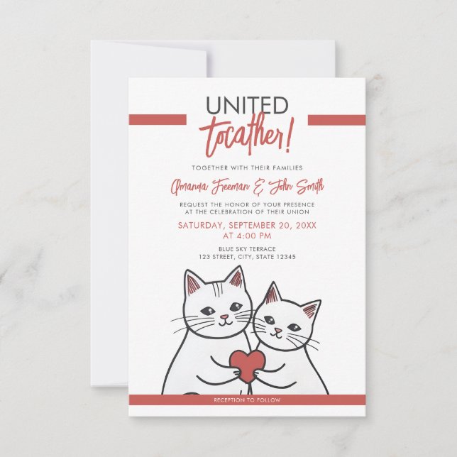 Cartoon Red & White Whimsical Cats Wedding Invitation (Front)