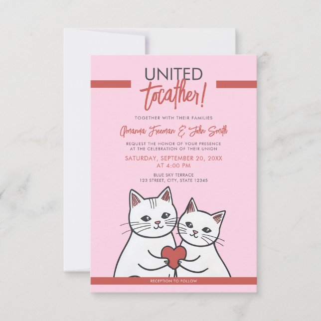 Cartoon Red & White Whimsical Cats Wedding Invitation (Front)