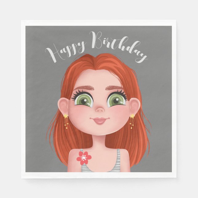 Cartoon Redhead Girl For Birthday Napkin (Front)