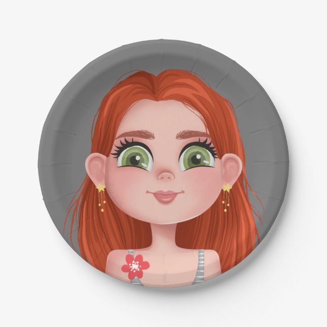 Cartoon Redhead Girl For Birthday Paper Plate (Front)