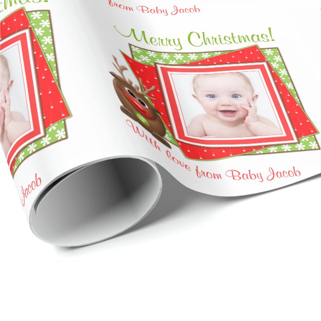Cartoon Reindeer Baby Photo Personalised Christmas Wrapping Paper (Roll Corner)