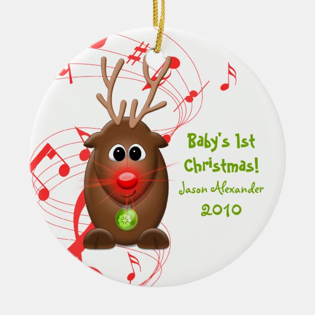 Cartoon Reindeer Babys First Christmas Ornament (Front)