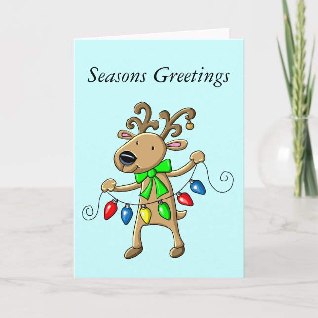 Cartoon Reindeer Christmas Lights Holiday Card (Front)