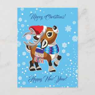 cartoon reindeer or caribou. Merry Christmas Postcard