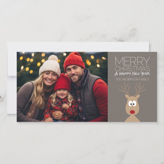 Cartoon Reindeer with Merry Christmas and Photo Holiday Card (Front)