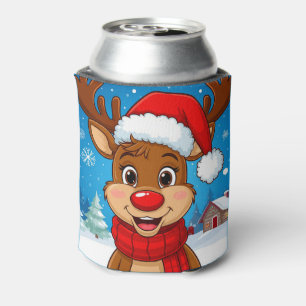 Cartoon Reindeer With Santa Hat Can Cooler
