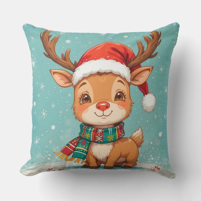 Cartoon Reindeer With Santa Hat Cushion (Front)