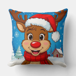Cartoon Reindeer With Santa Hat Cushion