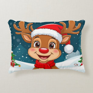 Cartoon Reindeer With Santa Hat Decorative Cushion
