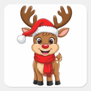Cartoon Reindeer With Santa Hat Square Sticker